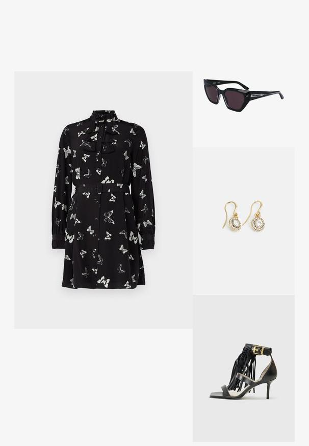 Robe noire à boutons avec imprimé papillon blanc, col froncé, manches longues et ceinture assortie à la taille. Texture de tissu lisse.; Sandale noire à talons hauts avec des franges, bride de cheville avec quincaillerie dorée, bout carré plat et deux brides croisées sur l'empeigne.; Lunettes de soleil noires au design œil de chat, dotées de verres sombres, d'une finition brillante et de subtils accents de logo sur les branches.; Boucles d'oreilles en ton or avec des cristaux transparents en forme d'ovale entourés de plus petits cristaux transparents, dotées d'un design à crochet pour un port sécurisé.