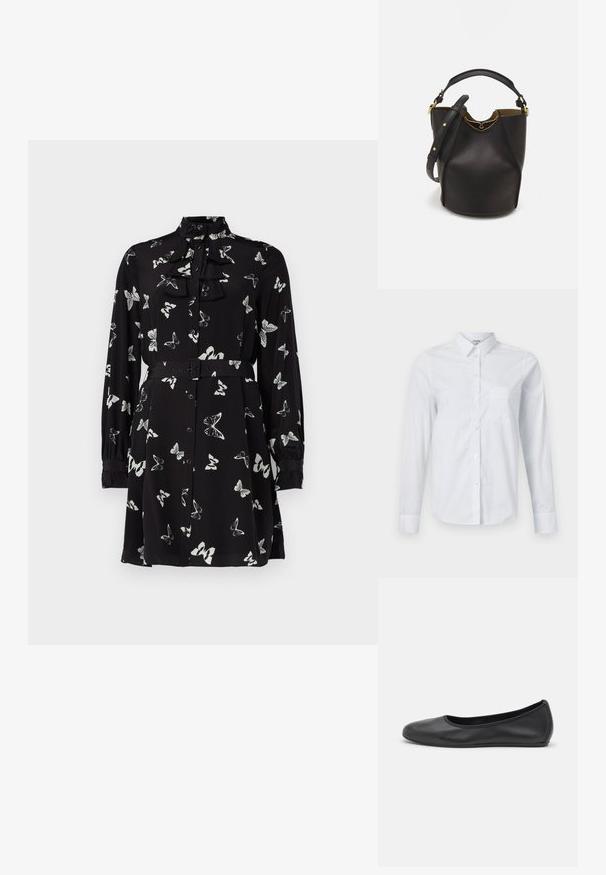 Melnā blūze ar pogām un baltu tauriņu rakstu, ar viļņotu kakla izgriezumu, garām piedurknēm un atbilstošu jostu viduklī. Gluda auduma tekstūra.; Balts kokvilnas krekls ar garām piedurknēm, ar apkakli, pogām priekšpusē un vienu krūšu kabatu. Gluda tekstūra. Bez rakstiem.; Melna ādas baleta kurpe ar noapaļotu purngalu, gludu tekstūru, minimālu šuvju detalizāciju un elastīgu zoles dizainu.; Melnas ādas spainīša somas ar teksturētu apdari, zelta metāla aksesuāriem un atvērtu augšu. Piedāvā īsu rokturi un regulējamu plecu siksnu.