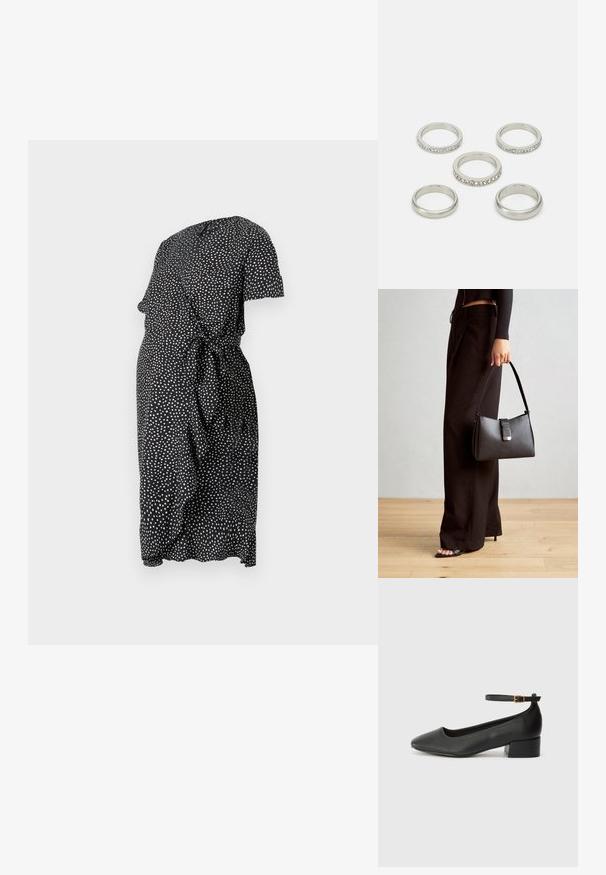Crna haljina s volanom i bijelim točkicama, kratkim rukavima, detaljem vezanja remenom u struku i tekućom teksturom. Srednje dugački rub.; Crne kožne pumpe s oštrim vrhom i niskom blok petom. Sadrže remen oko gležnja s zlatnim kopčanjem. Glatka tekstura.; Crna torba s oblikom koji sadrži strukturu, glađu teksturu i metalnu kopču. Uparena s širokim crnim hlačama i sandalama na otvorenom s drvenog poda.; Set od pet srebrnih prstenova u raznim dizajnima, uključujući jedan s redom prozirnih kamenčića. Glatka i reflektivna metalna površina.