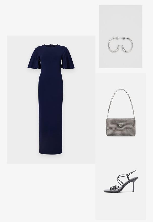 Tummansininen pitkä mekko, joka on valmistettu teksturoidusta kankaasta. Sateen lisäksi mekossa on pleatatut lyhyet hihat ja pyöreä kaula-aukko, jossa on piilotettu takalaitzip.; Mustat korkokengät sandaalit, joissa on ohuet hihnat solmittuna, sileä neliön muotoinen varvasosa ja tyylikäs stiletto-korko.; Vaalea harmaa metallinen käsilaukku, jossa on ketjusanka. Laukku on koristeltu pienillä pyöreillä metallikoruilla ja kolmion muotoisella brändilogolla.; Hopehopeet hopehopeet hopehopeet hopehopeet, jolla on sileä, kiiltävä pinta. Pyöreä muoto, kevyt rakenne, jossa on neulakiinnitys.