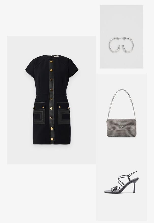 Melna kleita ar īsām piedurknēm, zelta pogām un ādas akcentiem. Iezīmē divas kabatas ar faktūru detaļām.; Melnas augstpapēžu sandales ar plāniem siksniņām un mezgla dizainu, gluda kvadrātveida purngalu un elegantu stiletto papēdi.; Gaiši pelēka metāla rokassoma ar ķēdes siksnu, rotāta ar mazām apaļām metāla kniedēm un trīsstūra zīmola logo.; Sudraba riņķveida auskari ar gludu, spīdīgu apdari. Apaļas formas, viegla dizaina, ar aizdari uz stieples.
