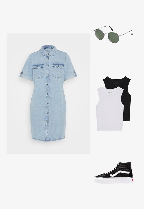 Világoskék farmering ruházat rövid ujjakkal, gombos záródással, két mellzsebbe, és felgöngyölt ujjak. Simább textúra, térdhosszig érő dizájn.; Két ujjatlan felső fekete és fehér színben, bordás pamutból készült, kerek nyakkivágással és testhez simuló fazonnal. Mindkettőn látható címke.; Fekete magasszárú sportcipők fehér fűzővel, fehér logóval és kontrasztos fehér varrással. Vastag fehér talppal és texturált velúrból készült felsőrész jellemzi.; Fémkeretes napszemüveg ovális zöld lencsékkel. Vékony ezüst színű fémkeret és fekete fülrész. Minimalista dizájn, látható logók nélkül.