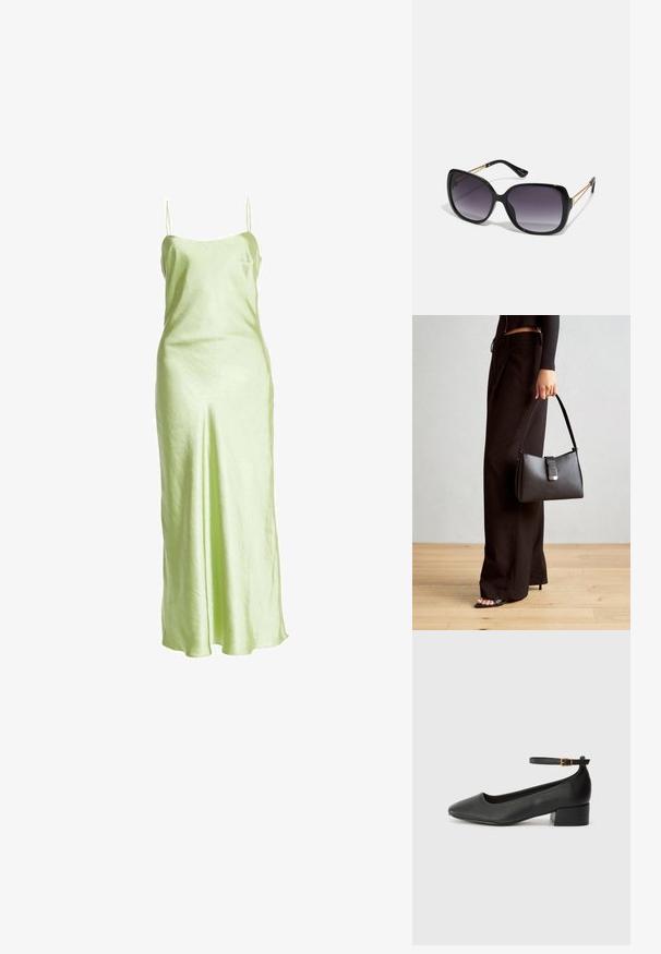 Satin limegrøn maxikjole med tynde spaghetti-stropper, en lige udskæring og en glat tekstur, der afhænger blødt ned til gulvet.; Sorte læderpumper med spids tå og en lav blokhæl. Har en ankelrem med en guldfarvet spænde. Glat tekstur.; Sorte oversized solbriller med gradientlinser, tykke stel og guldfarvet kæde detaljer på tempelarmene.; Sort håndtaske med struktureret form, glat overflade og metalspænde. Sammen med brede sorte bukser og sandaler med åben tå på trægulv.