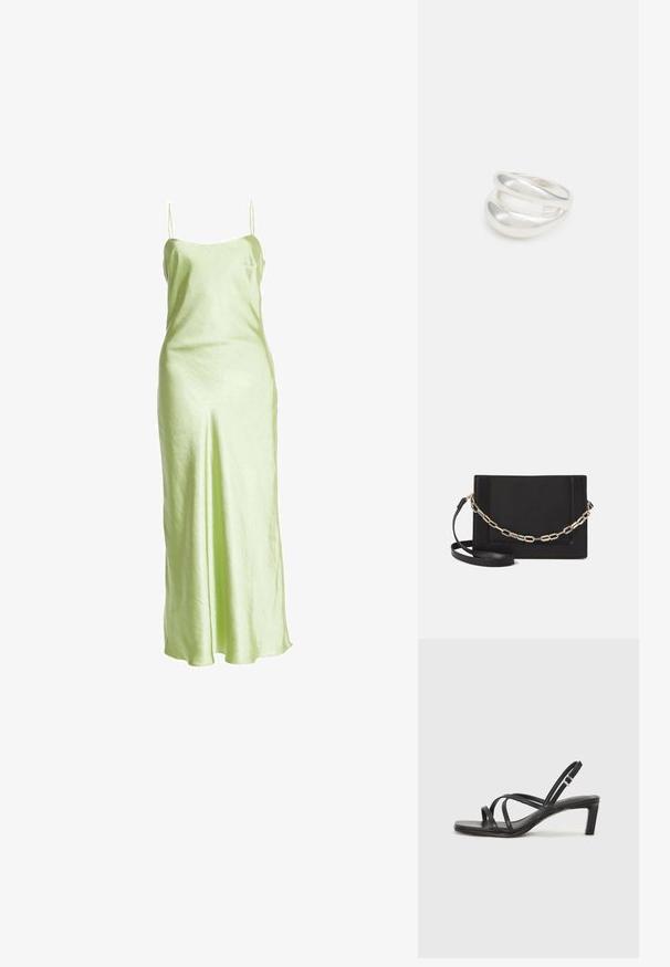 Vestido maxi de satén verde lima con delgadas tirantes de espagueti, escote recto y una textura suave que cae con delicadeza hasta el suelo.; Sandalia negra de tiras con punta cuadrada y tacón bajo de bloque. Presenta múltiples tiras delgadas y una correa ajustable en el tobillo. Fabricada en cuero suave.; Bolso cruzado de piel negra con textura suave, forma rectangular y un detalle de cadena metálica en el frente. Incluye una correa ajustable.; Anillo de plata de doble banda con una superficie lisa y pulida. Presenta un diseño fluido y curvado con secciones superpuestas para un aspecto moderno.
