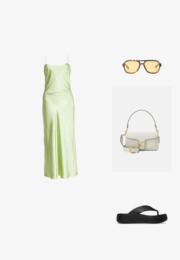 Abito maxi in satin verde lime con sottili spalline, scollatura dritta e una texture liscia che scivola delicatamente fino al pavimento.; Infradito neri con suola rialzata, realizzati in materiale gommoso. Presentano una fascia in stile thong e una suoletta texturizzata per una migliore presa.; Occhiali da sole tartarugati con design geometrico, lenti gialle e dettagli in metallo sulle tempie. Montatura ampia e texture opaca.; Borsa a tracolla in pelle bianca con chiusura in tonalità oro, dettagli neri, tracolla removibile e design strutturato con chiusura a pattina.