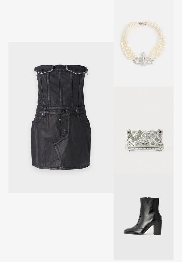 Črna denimska obleka z oprijetim korzetom, brez naramnic, sprednjimi žepi in kontrastnim šivanjem. Gladka tekstura z rahlim sijajem.; Črne usnjene gležnarske čevlje z gladko teksturo, koničastim nosom in debelim visokim petam. Imajo stransko odprtino in minimalističen dizajn.; Srebrna metalna torbica z verižnim ročajem, prešita tekstura, dekorativno šivanje in zadrga. Ima embosirane dodatke na sprednji strani.; Vivienne Westwood THREE ROW RELIEF CHOKER - Verižica - silver-coloured/white