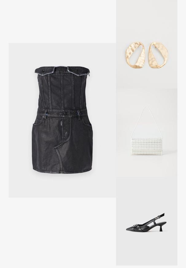 Musta farkkupuku, jossa on muotoiltu vartalo-osa, olkapäiltä paljastava muotoilu, etutaskut ja kontrastiväriset ompeleet. Sujuva pinta, jossa on hieman kiiltoa.; Mustat nahkakengät, joissa on avonainen takaosa ja kärjessä terävä muoto, koristevyöt, joissa on metalliset reiät, sekä matala lohkoepohja. Teksturoitu pinta.; Valkoinen käsilaukku pyöristetyllä muodolla, jossa on teksturoitu pinta hopeisista napeista. Siinä on ohut olkahihna ja tyylikäs suljin.; Pari epämuodostuneita soikeita kultasävyisiä metallikorvakoruja, joissa on teksturoitu, hieman hakattu pinta valkoista taustaa vasten.