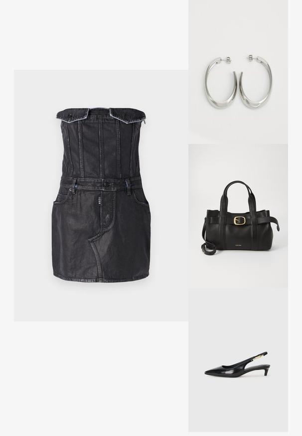 Čierne denimové šaty s priliehavým telom, dizajnom bez ramienok, prednými vreckami a kontrastným prešívaním. Hladká textúra so slabým leskom.; Čierne kožené slingback opätky s špicatou špičkou, s úzkym opätkom a zlatým detailom na nastaviteľnom remienku. Hladká textúra.; Čierna kožená kabelka s štruktúrovaným dizajnom, dvojitými hornými uchopiteľmi, zlatým prackovým akcentom a embosovaným logom značky na prednej strane.; Strieborné kruhové náušnice s hladkým, zakriveným dizajnom. Majú lesklý kovový povrch a zapínanie na kolík. Žiadne viditeľné vzory ani akcenty.