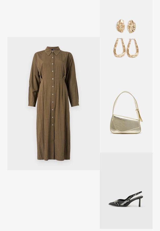 Olivovozelené šaty s dlhým rukávom a špicatým golierom, zapínanie na gombíky vpredu a uvoľnený strih. Hladká tkanina s jemnou textúrou a bočnými švy.; Čierne lakované kožené slingback topánky s špicatou špičkou, remienkami okolo členku s striebornými prackami a hardvérom, a štíhlým podpätkom.; Zlatá metalická kabelka so štruktúrovaným dizajnom, hladkou textúrou a nastaviteľným popruhom. Obsahuje jedinečný trojuholníkový tvar a minimalistické šitie.; Náušnice v zlatej farbe s textúrovanými, vlnitými tvarmi. Obsahujú sochárske klipsové náušnice a otvorený tvar krúžku s kladivkovým povrchom.