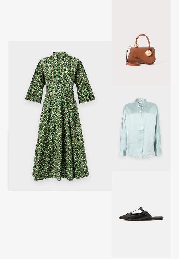 Zielona sukienka w wzory z kołnierzykiem, rękawami o długości trzy czwarte i paskiem do zawiązania. Charakteryzuje się geometrycznym nadrukiem w kolorach czarnym, białym i różowym.; Jasnoniebieska koszula na guziki, wykonana z błyszczącego, miękkiego materiału; posiada kołnierz, długie rękawy i zaokrąglony dół o luźnym kroju.; Czarny skórzany but na odkrytej pięcie z pointed toe, ozdobiony plecionym akcentem i plisowanym wzorem górnej części. Płaska podeszwa z minimalnymi elementami.; Brązowa skórzana torba na ramię o falistym wzorze, z dwoma okrągłymi złotymi akcentami oraz odczepianym paskiem na ramię, co umożliwia wszechstronne noszenie.