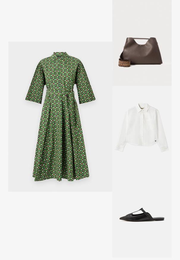Zelena obleka s potiskom, ovratnikom, rokavi do treh četrtin in pasom. Opremljena je z geometrijskim vzorcem v črni, beli in roza barvi.; Bela skrajšana srajca z dolgimi rokavi iz bombaža. Ima sprednje gumbke, žep na prsih in majhen črn logo na spodnjem levem delu.; Črne usnjene sandale s priponko, koničastim nosom in tkano dekoracijo ter gubanjem na zgornjem delu. Ravna podplata z minimalno opremo.; Rjava usnjena torba z teksturirano površino, angularno obliko in značilno zgornjo ročico. Vsebuje detajl z vzorčnim tkanim trakom.