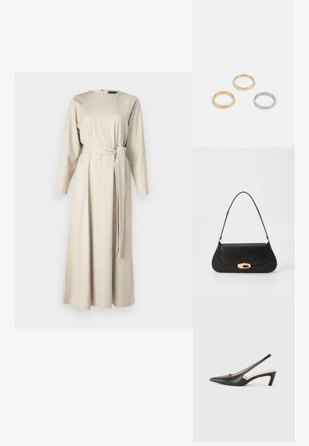 Dolga bež obleka iz gladkega materiala z dolgimi rokavi, okroglim izrezom in pasom, ki se zavezuje. Ima skrit zadrgo na hrbtni strani.; Črne čevlje s koničastimi nosovi in slingback obliko z nizko peto, izdelane iz gladke usnjene materiale ter s črtasto zasnovo na strani za prezračevanje.; Črna usnjena torba s ukrivljeno zasnovo, z zlatimi dodatki in zgornjim ročajem. Ima eleganten zapirni mehanizem in gladko teksturo.; Trije kovinski prstani: eden rožnato zlati, eden zlat z teksturiranimi detajli in eden srebrn, vsi z vgraviranim logotipom na notranji strani.