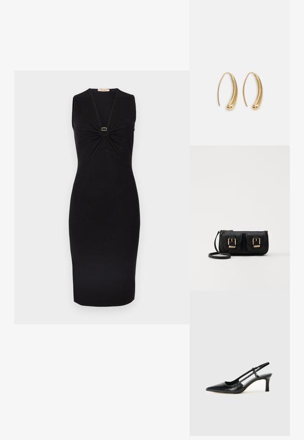 Zwarte mouwloze jurk met een V-hals en geplooid detail bij de buste, met een kleine ronde gouden accent in het midden. Aangesloten silhouet.; Zwart patent slingback hak met een spitse neus, voorzien van een gestructureerde slangenprint, verstelbare band en een korte, gestructureerde blokhak.; Zwarte leren schoudertas met twee vo pockets, gouden gespen, ritsluiting en een smalle band. Tekstuur oppervlak en compacte rechthoekige vorm.; Gouden metalen oorbellen in de vorm van een gebogen, verlengde hoop. Kenmerkend zijn het gladde, glanzende oppervlak en de afgeronde punt voor extra detail.