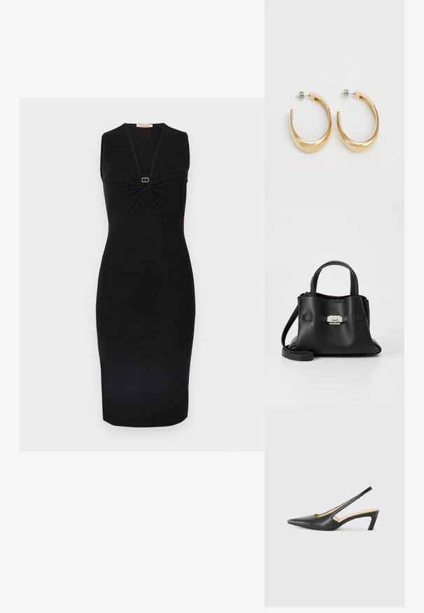 Robe noire sans manches avec un col en V et un détail froncé au niveau de la poitrine, ornée d'un petit accent circulaire doré au centre. Silhouette ajustée.; Slingback noir à bout pointu avec un petit talon, en cuir lisse et doté d'un design découpé sur le côté pour plus de respirabilité.; Sac à main en cuir noir avec une finition texturée, doté de deux poignées supérieures, d'une bandoulière amovible et d'un détail de fermoir en argent.; Boucles d'oreilles créoles de couleur dorée avec un design lisse et courbé. Fabriquées en métal, elles possèdent une finition élégante et une fermeture à tige.