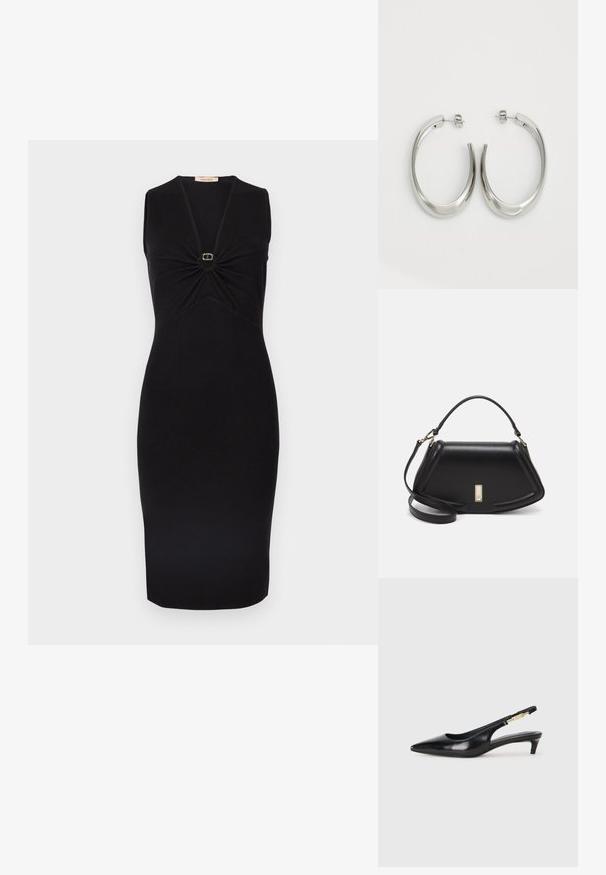 Robe noire sans manches avec un col en V et un détail froncé au niveau de la poitrine, ornée d'un petit accent circulaire doré au centre. Silhouette ajustée.; Talons hauts en cuir noir avec un bout pointu, dotés d'un talon fin et d'un accent en ton or sur la lanière réglable. Texture lisse.; Sac à main en cuir noir avec un design structuré, featuring une forme cropped, une poignée supérieure et des accents en matériel doré. Bandoulière réglable incluse.; Boucles d'oreilles en argent avec un design lisse et courbé. Présentent une finition métallique brillante et une fermeture à clou. Pas de motifs ou d'accents visibles.