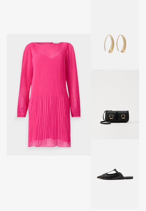 Růžové plisované šaty s dlouhými rukávy, kulatým výstřihem a průhlednou texturou. Obsahují vertikální plisování po celém povrchu a mají mírně volný střih.; Černé kožené slingback boty se špičatou špičkou, s tkaným akcentem a plisovaným designem svršku. Plochá podešev s minimálním kovovým zapínáním.; Černá kožená crossbody taška se dvěma předními kapsami, zlatými přezkami, zipovým uzávěrem a štíhlým popruhem. Texturovaný povrch a kompaktní obdélníkový tvar.; Náušnice ve tvaru kruhu z pozlaceného kovu s vroubkovaným, prodlouženým tvarem. Mají hladký, lesklý povrch a zaoblený konec pro zvýraznění detailu.