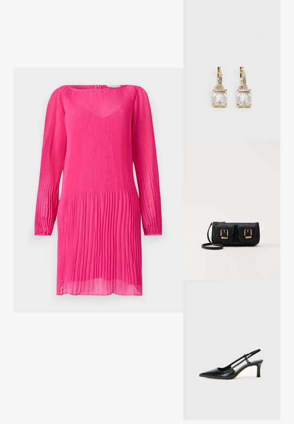 Rožinė klostuota suknelė su ilgomis rankovėmis, apvaliu kaklu ir permatoma tekstūra. Suknelė turi vertikalias klostes visame išlenkime ir šiek tiek laisvą siluetą.; Juodai lakuoti slingback aukštakulniai su smailiu nosiu, su tekstūruotu gyvatės raštu, reguliuojama juosta ir trumpu, tekstūruotu blokiniu kulnu.; Juodas odinis per petį nešiojamas krepšys su dviem priekiniais kišenėmis, auksiniais sagtimis, užtrauktuko uždarymu ir siauromis petnešomis. Textūruota paviršius ir kompaktiškas stačiakampis formatas.; Auksinės spalvos auskarai, kuriuose yra stačiakampis, skaidrus kristalas, kabantis po eile mažų, apvalių skaidrių akcentų. Šiuolaikiškas, modernus dizainas.