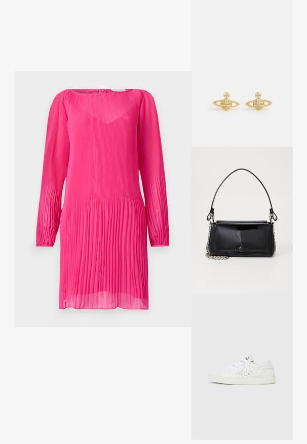 Rožinė klostuota suknelė su ilgomis rankovėmis, apvaliu kaklu ir permatoma tekstūra. Suknelė turi vertikalias klostes visame išlenkime ir šiek tiek laisvą siluetą.; Balti žemakulniai sportbačiai su perforuotu dizainu, plokščiomis raištelėmis ir tekstūruotu guminiu padu. Išsiskiria minimalistišku stiliumi ir minkštu apdaila.; Juodas lakinės odos rankinės ilgis stačiakampis, su grandinėlės dirželiu ir išskirtiniu metaliniu akcentu centre. Lygus paviršius.; Vivienne Westwood MINI BAS RELIEF EARRINGS - Auskarai - gold-coloured