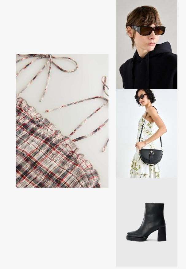 Nertinė langelių palaidinė su pilkų, raudonų ir juodų plaidų raštais. Su raukšlėtais kraštais ir plonomis reguliuojamomis petnešėlėmis. Minkštas tekstūros jausmas.; Juodas odinis kulkšninis botas su bloku ir platformos padu, matomas šoniniu vaizdu ant balto fono.; Juodų didelių saulės akinių su blizgiu paviršiumi, stačiakampio formos, rudos spalvos tonuotais objektyvais ir auksiniu logotipu ant šventyklų.; Juodas odinis krepšys su išlenkta forma, nuimamu dirželiu ir auksiniais detalėmis. Krepšys turi kilpą su sagtimi.