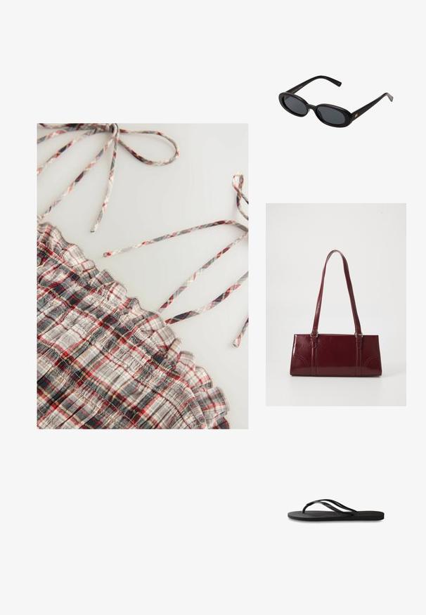 Top de cuadros tejido en patrones de plaid gris, rojo y negro. Presenta bordes con volantes y tirantes delgados ajustables. Textura suave.; Chanclas negras con suela de goma texturizada, dos tiras delgadas y un sutil detalle de logo en relieve en la tira.; Gafas de sol grandes de color negro con lentes ovalados, montura de plástico suave y detalles dorados en las patillas. Los lentes oscuros ofrecen protección solar.; Bolso burdeos hecho de material brillante, de forma rectangular, con dos asas para el hombro y sutiles acentos curvados en la parte frontal.