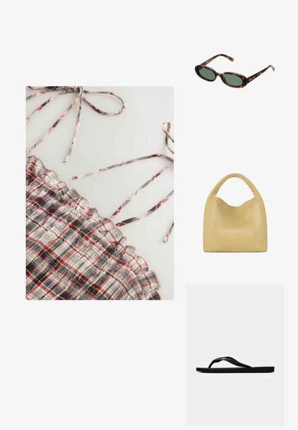 Haut tissé à carreaux avec des motifs en plaid gris, rouge et noir. Il présente des bords froncés et de fines bretelles ajustables. Texture douce.; Tong sandale en caoutchouc noir avec une bride en T texturée et une semelle plate simple, montrée de côté sur un fond clair.; Lunettes de soleil en écaille de tortue avec des montures ovales et des verres verts. Elles présentent des branches fines avec un accent métallique près des charnières.; Sac en bandoulière jaune tissé avec une anse supérieure cintrée et une forme non structurée. La surface texturée présente un motif entrecroisé.