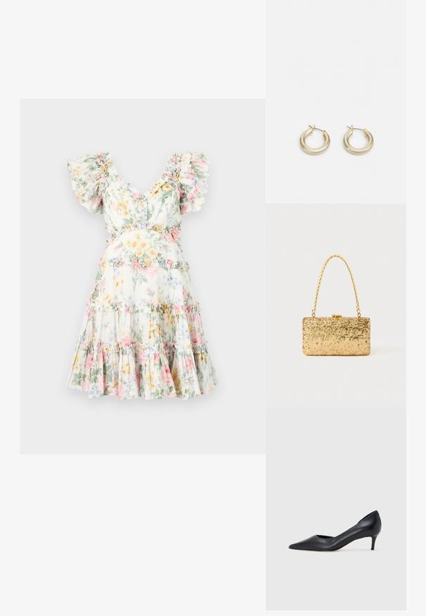 Kerge kangaga lilleline kleit, millel on volangvarrukad, sügava V-kaelusega ja kihiline seelik heledates toonides lillede ning sobivate volangaktsentidega.; Mustast nahast kontsakinga terava ninaga ja madala kontsaga. Omadused on sile pind ja peen läige. Esiosal on avatud lõige, mis lisab detaili.; Kullatud kaunistustega kott ristküliku kujuga, millel on keeratud ahelast käepide ja metallist lukuga sulgur, peegeldades valgust tekstuurse viimistlusega.; Lauren Ralph Lauren BASIC SMALL HOOP - Kõrvarõngad - gold-coloured