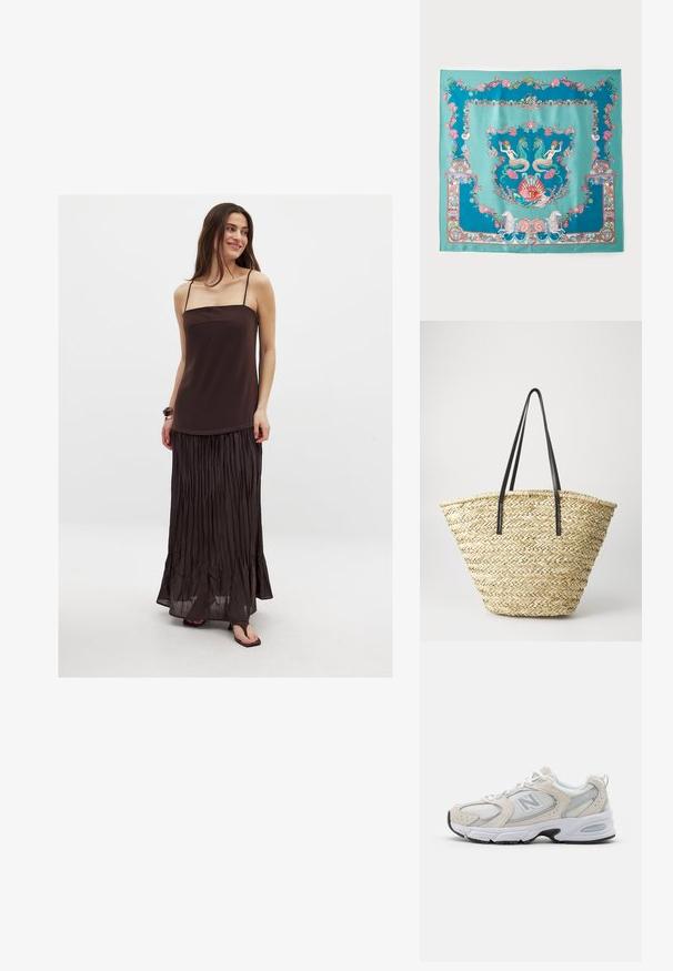 Lang bruine jurk met spaghettibandjes, met een getailleerde bovenkant en een geplooide rok. Gemaakt van een gladde, lichte stof.; Atletiekschoen met een lichtgrijs mesh bovenwerk en suede accenten, witte veters en een zwarte rubberen zool. Opvallend ABZORB dempingdetail.; Turquoise zijden sjaal met ingewikkelde mariene thema's, waaronder zeemeerminnen, schelpen en koraal, omzoomd met een decoratieve rand.; Gevlochten stro tote bag met een brede, taps toelopende vorm, voorzien van twee zwarte leren handvaten. Natuurlijke beige kleur met een gestructureerd oppervlak.