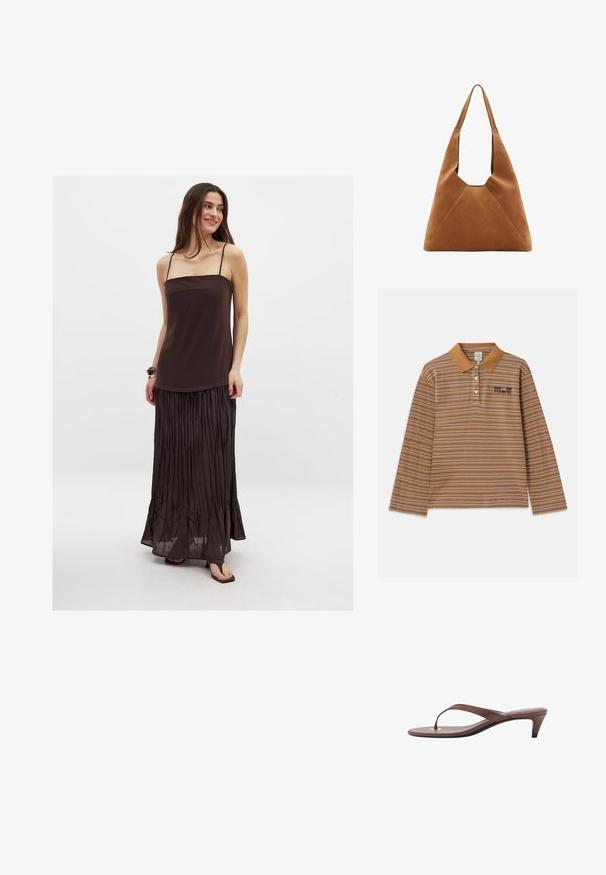 Langes braunes Kleid mit Spaghettiträgern, das einen taillierten Oberteil und einen plissierten Rock hat. Hergestellt aus einem glatten, leichten Stoff.; Braunes Langarm-Polohemd mit horizontalen Streifen in Weiß und Lila, einem Kragen und einem gestickten Logo auf der Brust.; Braune, mit Absatz versehene Flip-Flop-Sandale mit einem schmalen Riemen und abgerundetem Zehensteg, der ein kleines goldfarbenes Akzent auf dem Fußbett aufweist.; Braune Wildleder-Hobo-Tasche mit einer lässigen Form, ausgestattet mit einem geschwungenen Oberhandgriff und dreieckigen Paneeldetails auf der Vorder- und Rückseite.
