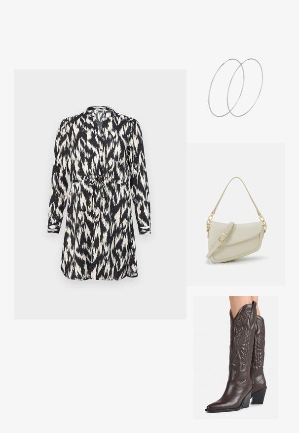 Čierno-bielé tlačené šaty s dlhými rukávmi, gombíkovým zapínaním a opaskom na viazanie. Sú vybavené abstraktným ikat vzorom a mäkkou tkaninou.; Hnedé kožené kovbojské topánky s špicatou špičkou a blokovým podrážkou, so zložitým prešívaním a vyvýšenými akcentmi na puzdre.; Malá krémová kabelka s textúrovaným povrchom, dlhým nastaviteľným popruhom, reťazovým detailom a klopovým uzáverom. Zlaté kovové prvky.; Strieborné kruhové náušnice s minimalistickým dizajnom. Cirkulárny tvar, hladký povrch a tenký profil. Ľahké s lesklým povrchom.