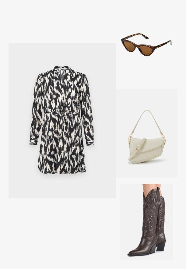 Sort og hvid trykt kjole med lange ærmer, knaplukning og bånd i taljen. Har et abstrakt ikatmønster og blødt stof.; Brune læder cowboystøvler med spids tå og blokhæle, med detaljeret syning og forhøjede accenter på skaftet.; Kat-ejede solbriller med en sort og orange skildpaddemønstret stel, brune linser og slanke, spidse ender. Har et minimalistisk logo på skabelsen.; Lille cremehåndtaske med tekstureret overflade, en lang justerbar rem, en kædeaccent og flaplukning. Detaljer i guldhardware.