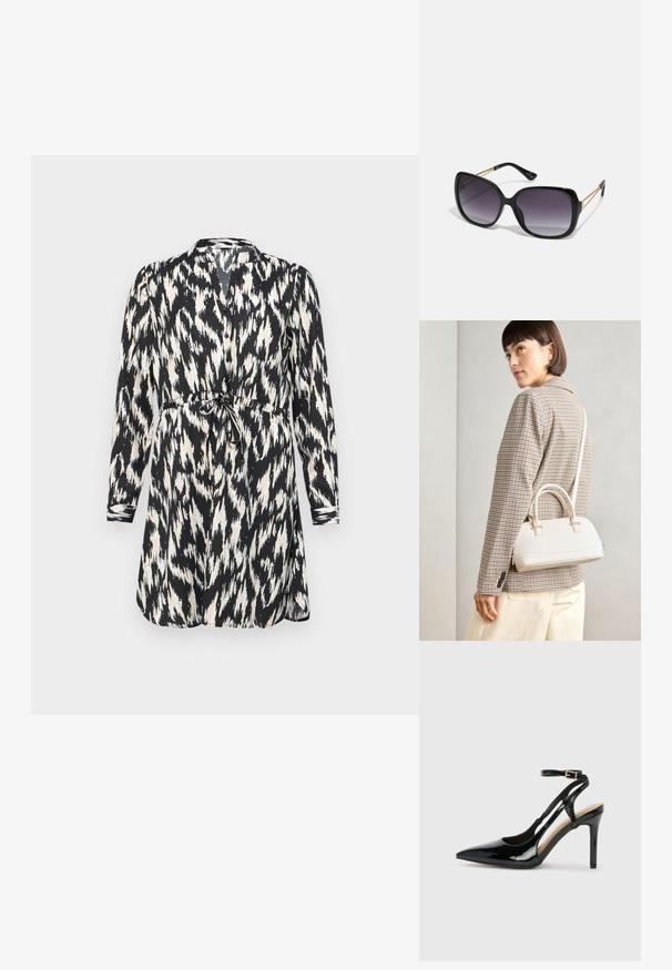 Rochie imprimată alb-negru cu mâneci lungi, închidere cu nasturi și talie legată. Dispune de un model abstract ikat și material moale.; Pantofii slingback din piele lăcuită neagră cu toc înalt, vârf ascuțit, brățară reglabilă la gleznă și părți laterale deschise. Textură netedă.; Ochelari de soare negri, supradimensionați, cu lentile degradate, rame groase și detalii cu lanț de ton auriu pe brațele templului.; Geantă structurată albă, cu mânere scurte și curea de umăr, având accente din metal aurit și material texturat, expusă pe un fundal gri.