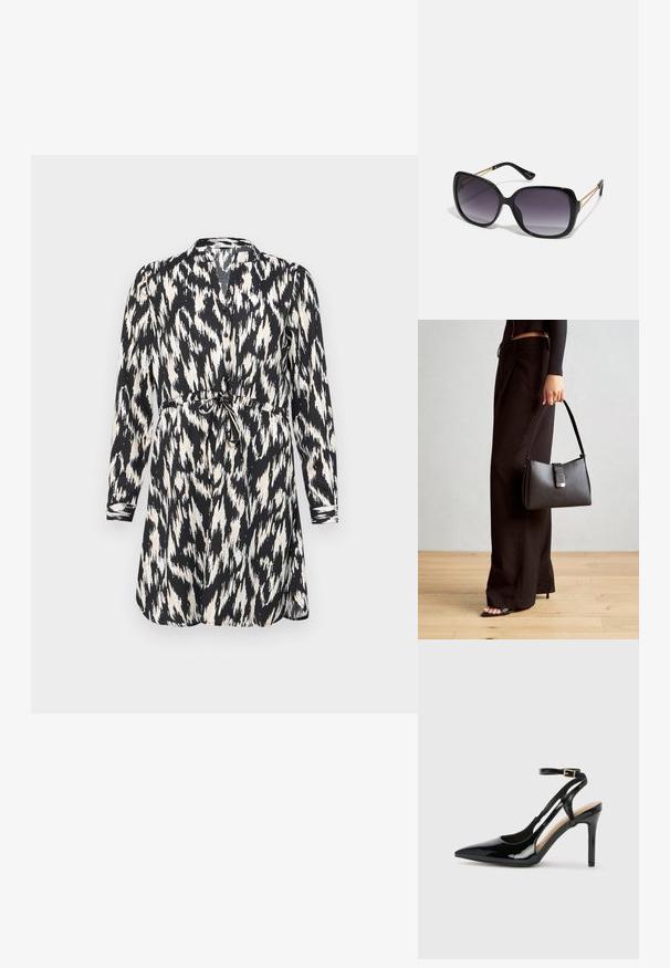 Haljina s printom u crno-bijeloj boji, dugih rukava, dugmetom za zatvaranje i vezanjem u struku. Ima apstraktni ikat uzorak i mekanu tkaninu.; Crne lakirane kožne cipele na visokom potplatu sa otvorenim petama, špicastim vrhom i podesivim remenom oko gležnja. Glatka tekstura.; Crne prevelike sunčane naočale s gradijentnim lećama, debelim okvirom i zlatnim lancem kao detaljem na krakovima.; Crna torba s oblikom koji sadrži strukturu, glađu teksturu i metalnu kopču. Uparena s širokim crnim hlačama i sandalama na otvorenom s drvenog poda.