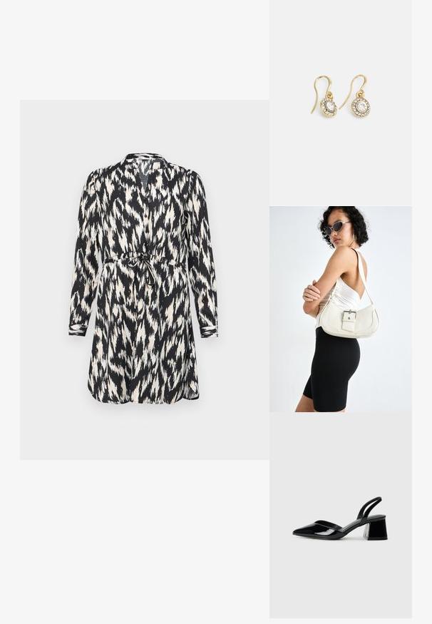 Schwarz-weiß bedrucktes Kleid mit langen Ärmeln, Knopfverschluss und einem Taillengürtel. Verfügt über ein abstraktes Ikat-Muster und einen sanften Stoff.; Schwarze Lackleder-Slingback-High Heels mit spitzem Schuh und einem geometrischen Blockabsatz. Verfügt über ein schlankes, minimalistisches Design und eine glatte Textur.; Weiße Lederhandtasche mit geschwungener Form, verstellbarem Tragegurt und einem kleinen Schnallendetail. Das Modell trägt ein enges schwarzes Outfit.; Goldfarbene Ohrringe mit ovalen klaren Kristallen, die von kleineren klaren Steinen umgeben sind, und einem Haken-Design für sicheren Halt.