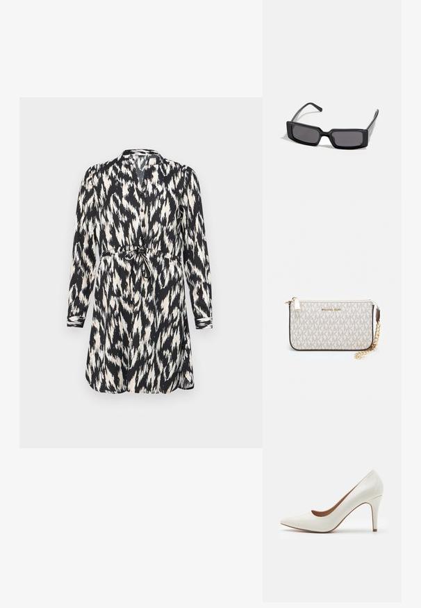 Mekko mustavalkoisena painettuna, pitkähihainen, nappikiinnitys ja vyötäröllä sidottava nauha. Sisältää abstraktin ikat-kuvion ja pehmeän kankaan.; Valkoinen lakaistettu korkeakorkoinen kenkä, jossa on terävä kärki ja sileä pinta, hennolla korolla ja matalalla leikkauksella avauksessa.; Mustat aurinkolasit, joissa on suorakaiteen muotoinen kehys, tummat linssit ja sileä kiiltävä pinta. Ominaisuuksiin kuuluu ohuet templet, joissa on hienovarainen brändäys sivussa.; Michael Kors kääröbeige pinnoitettua kangasta, jossa on toistuva MK-logo -kuvio, kultaiset yksityiskohdat ja irrotettava ketjuhihna.; Kultaiset metalliset korvakorut, joissa on aaltoileva muotoilu; sileä, heijastava pinta; epäsymmetrinen muoto; ei näkyviä kuvioita tai mekanismeja.