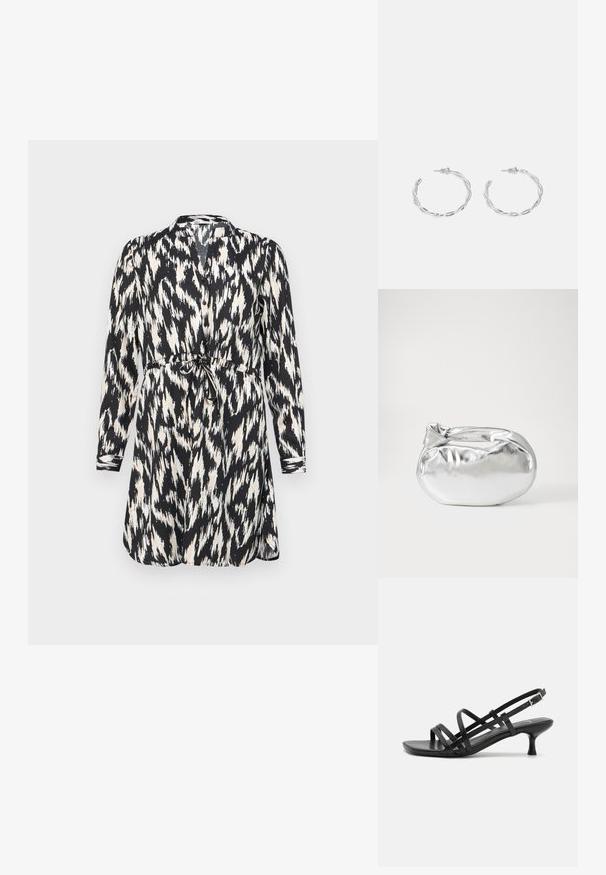 Schwarz-weiß bedrucktes Kleid mit langen Ärmeln, Knopfverschluss und einem Taillengürtel. Verfügt über ein abstraktes Ikat-Muster und einen sanften Stoff.; Schwarze High Heels Sandalen mit mehreren überkreuzten Riemen. Glattes Material, spitze Zehenpartie und schmaler Absatz. Verstellbarer Knöchelriemen mit Schnalle.; Silberne metallic Pouch-Tasche mit einer sanften, abgerundeten Form und einem geknoteten Verschluss oben. Hergestellt aus glattem Kunstleder.; Silberne Creolen mit gedrehter Gestaltung, ausgestattet mit einer polierten Oberfläche und einer Steckverschluss. Sie haben einen Durchmesser von ca. 3 cm.