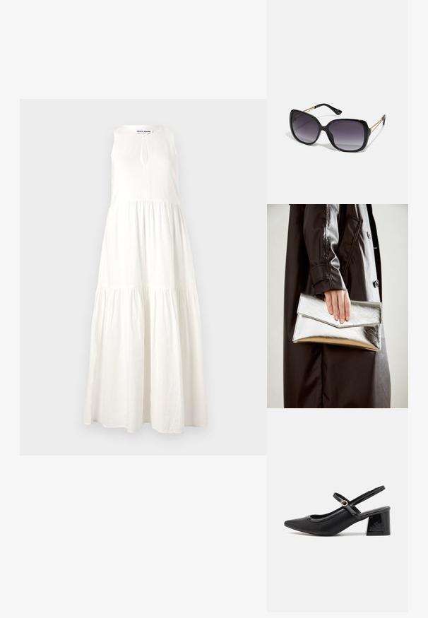 Bijela bezramena maksi haljina s višeslojnim dizajnom, s detaljem u obliku ključanice na izrezu i laganom, prozračnom teksturom.; Crne lakirane slingback visoke potpetice s šiljastim vrhom, zaobljenim izrezom i blok potpeticom. Sadrži akcent zlatnog tona s kopčom.; Crne prevelike sunčane naočale s gradijentnim lećama, debelim okvirom i zlatnim lancem kao detaljem na krakovima.; Srebrna metalik torbica s kutijastim dizajnom, glatke teksture i kontrastne boje unutrašnjosti, držana u ruci koja nosi crni kaput.