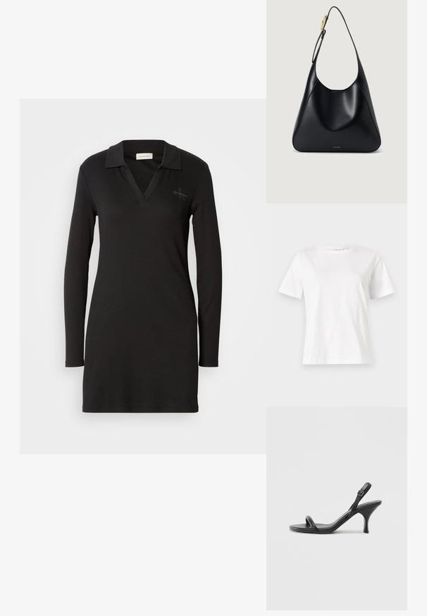 Vestido polo preto de mangas longas com decote em V, textura canelada e um detalhe discreto do logo no lado esquerdo do peito. Material suave em mistura de algodão.; T-shirt de algodão branco com mangas curtas, decote redondo e um corte descontraído. Textura suave, sem padrões ou detalhes, design minimalista.; Sandálias de salto alto em couro preto com um salto curvado e fino e um design de tiras cruzadas. Correia ajustável no tornozelo. Textura suave.; Bolsa de ombro em couro preto com uma textura suave, silhueta curvada e um detalhe em metal dourado. Apresenta logótipo da marca em relevo na base.