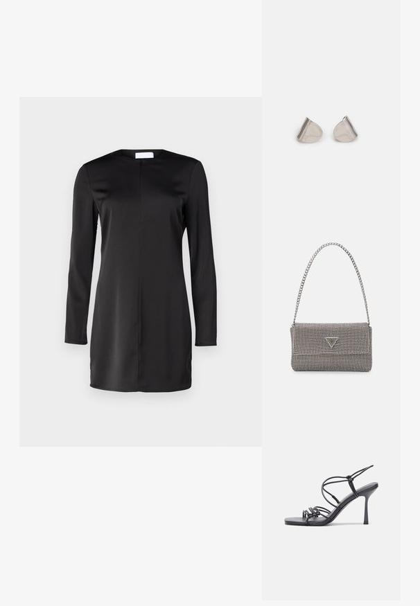 Schwarzes Kleid mit langen Ärmeln aus glattem Stoff, mit rundem Ausschnitt und gerader Silhouette. Minimalistisches Design ohne sichtbare Muster.; Schwarze, hochhackige Sandalen mit dünnen Riemen und einem geknoteten Design, einer glatten, rechteckigen Zehenpartie und einem eleganten Stiletto-Absatz.; Hellegraue metallische Handtasche mit einer Kettenriemen, verziert mit kleinen kreisförmigen metallic Nieten und einem dreieckigen Markenlogo.; Silberne Metalohrringe mit einer glatten, tröpfchenförmigen Form und einer polierten Oberfläche. Subtile Gravuren fügen Details hinzu. Minimalistisches Design.