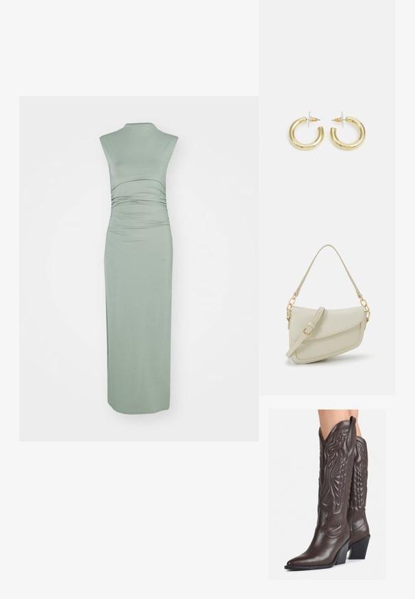Abercrombie & Fitch PALOMA DRESS - Dzsörzéruha - olive; Barna bőr cowboy csizmák hegyes orral és blokk sarkal, részletes varrással és kiemelkedő díszítésekkel a szárán.; Kis krémszínű táska texturált felülettel, hosszú, állítható pánttal, láncos díszítéssel és fedéllel záródik. Aranyszínű fém részletek.; Arany fülbevalók sima, fényes felülettel. Kör alakú dizájn, amely kis kapoccsal és átlátszó tartozékkal rendelkezik a biztonságos viselés érdekében.