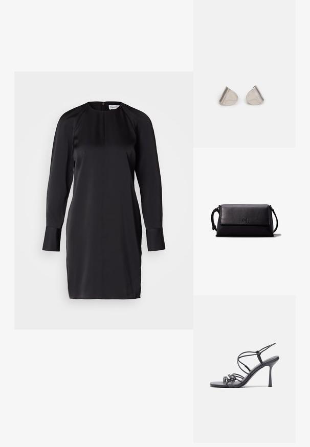 Satino juodas suknelė su ilgomis rankovėmis ir apvaliu iškirpimu. Yra nugarinė užtrauktukas, struktūruota siluetas ir mygtukais užsisegamos rankovės.; Juodos aukštakulnės sandalai pasižymi plonyčiais dirželiais su mazgo dizainu, lygiu kvadratiniu pirštu ir elegantišku stiletto kulnu.; Juodas odinis kosmetinis krepšys, stačiakampio formos, lygia tekstūra, plokščiu uždarymu ir mažu rankenėle šone. Pabrėžia subtilų logotipą.; Sidabriniai metaliniai auskarai su lygiu, ašaros formos dizainu ir blizgiu paviršiumi. Subtilūs raižiniai prideda detalumo. Minimalistinis dizainas.