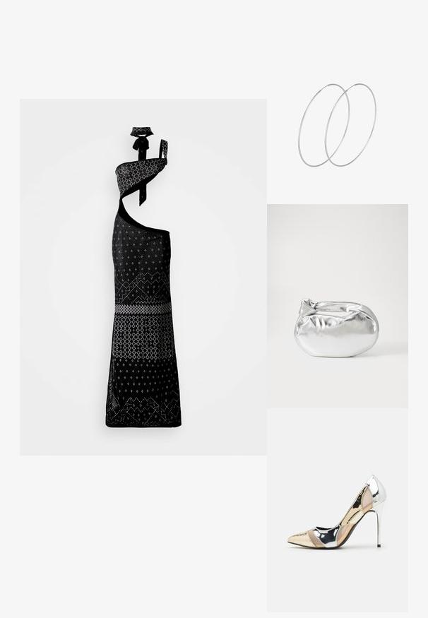 Črna obleka z asimetričnim dizajnom, ki vsebuje bele geometrijske vzorce, silhueto z enim ramenom in ustrezno choker ogrlico.; Čevlji z visoko peto in konico, v barvni kombinaciji srebrne, zlate in nude. Sijajna obdelava z izrezljanim dizajnom, z igličasto peto.; Srebrna kovinska torbica z mehko, zaobljeno obliko in zavezano zgornjo zaporo. Narejena iz gladkega umetnega usnja.; Srebrne uhane v obliki obroča z minimalističnim dizajnom. Krožna oblika, gladka tekstura in tanek profil. Lahki s poliranim zaključkom.