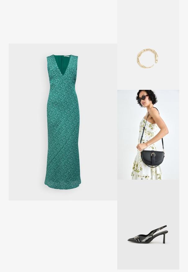 Zelena brezrokavna obleka z V-izrezom, cvetličnim vzorcem, prilegajočim trupom in tekočim krilom. Zapiranje na zadrgo na hrbtni strani z gladko teksturo.; Črne patentne usnjene sandale s koničastim nosom, zankami okoli gležnja s srebrnimi sponkami in opremo ter vitkimi petami.; Črna usnjena torbica s ukrivljeno obliko, z odstranljivo naramnico in zlatimi dodatki. Torbica ima pokrov s podrobnostmi v obliki zaponke.; Zlati prstan s organskim, zvitim dizajnom, gladko površino in taperiranimi konci, ki ustvarja modernega, skulpturalnega videza.