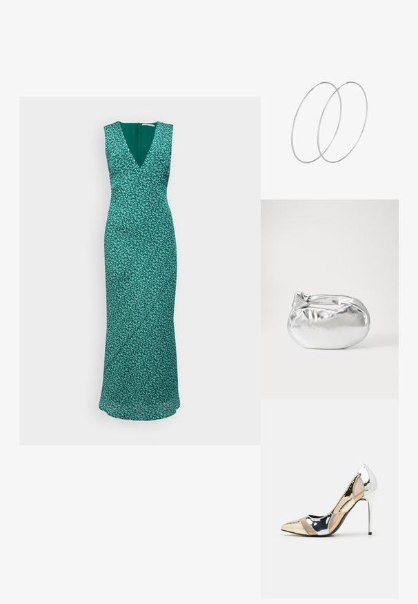 Roheline ilma varrukateta kleit, millel on V-kaelus, lilleline muster, sobiv kehaosa ja voogav seelik. Seljaosa tõmblukuga sulgemine ja sile tekstuur.; Kitsas toe kõrge kontsaga kingad, millel on hõbedane, kuldne ja nude värvilahendus. Läikiv viimistlus lõikekujundusega, stiletto konts.; Hõbedane metallikoti kott pehme, ümar kuju ja sõlme ülemise sulgemisega. Valmistatud siledast kunstnahast materjalist.; Hõbedased rõngastikkaehingad minimalistlikus disainis. Ümar kuju, sile tekstuur ja õhuke profiil. Kerged ning poleeritud viimistlusega.