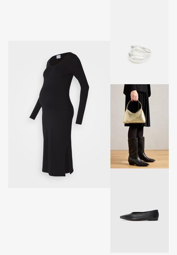 Črna dolga obleka za nosečnice z dolgimi rokavi, oprijet kroj, okrogel izrez, stranski razporki za udobje, izdelana iz mehkega, raztegljivega materiala.; Črne usnjene balerinke, koničast toe, minimalističen dizajn, gladka tekstura, nizka peta, brez vidnih kovinskih delov ali okraskov.; Zlati torbica z strukturo in ukrivljeno obliko ter kratko ročico, jo drži oseba v črnem nabranem krilu in črnih usnjenih kavbojkah.; Srebrn dvojni prstan z gladko, polirano površino. Ima tekoč, ukrivljen dizajn z prekrivajočimi se sekcijami za sodoben videz.
