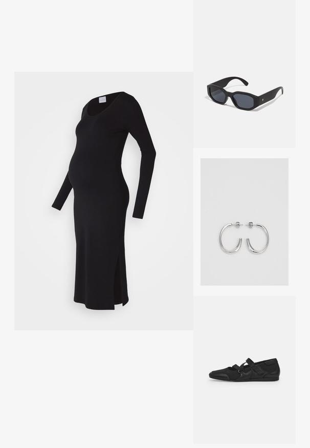 Czarna, długa sukienka ciążowa z długim rękawem, dopasowana, z okrągłym dekoltem, z bocznymi rozcięciami dla wygody, wykonana z miękkiego, elastycznego materiału.; Czarne płaskie buty z miękką, teksturowaną cholewką, wyposażone w dwie regulowane klamry oraz okrągły czubek, osadzone na płaskiej gumowej podeszwie.; Czarne okulary przeciwsłoneczne z prostokątnymi oprawkami, matowym wykończeniem, ciemnymi soczewkami i lekko wygiętymi zausznikami. Dyskretny akcent logo na jednym zauszniku.; Srebrne kolczyki na biglu o gładkim, błyszczącym wykończeniu. O zaokrąglonym kształcie, lekkim designie, z zamknięciem na zatrzask.