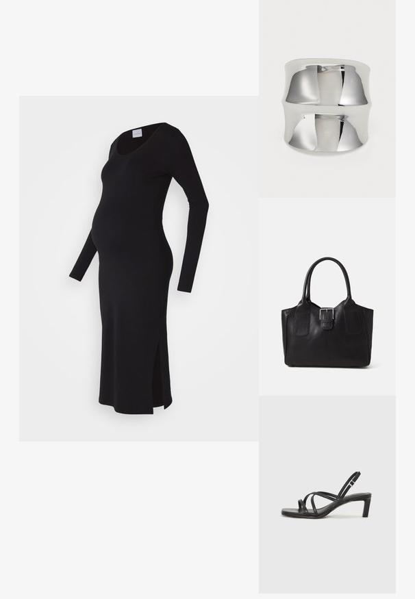 Črna dolga obleka za nosečnice z dolgimi rokavi, oprijet kroj, okrogel izrez, stranski razporki za udobje, izdelana iz mehkega, raztegljivega materiala.; Črne natikače s trakovi in kvadratnim prstom ter nizkim blokastim peto. Imajo več tankih trakov in nastavljiv trak okoli gležnja. Narejene so iz gladkega usnja.; Črna usnjena torba s gladko teksturo, strukturirano obliko, dvema ročkama in izrazitim srebrnim sponko na sprednji strani.; Srebro prstan za zapestje s gladko, refleksivno površino. Ima ukrivljen dizajn in širok pas, kar ustvarja sodoben, minimalističen videz.