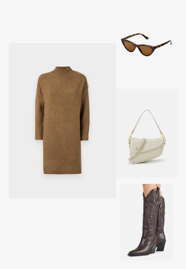 Pruun kõrge kaelusega sviiter, millel on kolmveerandi pikkuses varrukad, nööbid õlavarre äärtes ja ribitud hem. Pehme tekstuur.; Pruunid nahast cowboy saapad terava varbaga ja plokk-kandaga, millel on detailne tikand ja kergelt tõstetud aktsendid varrel.; Kassi vormiga prillid musta ja oranži kilpkonnakujulise raami, pruunide läätsede ja elegantsete teravate otstega. Templi juures on minimaalne logo.; Väike kreemjas käekott tekstureeritud viimistlusega, pikendatav rihm, ketiläbimõõt ja klapiga sulgemine. Kuldsed metalldetailid.