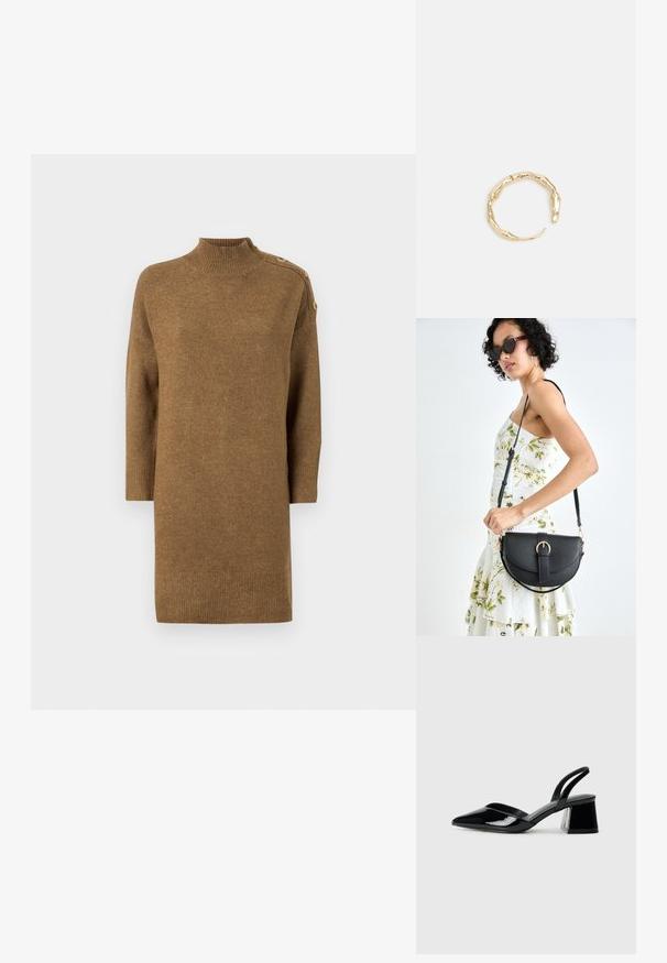 Pull à col roulé marron avec des manches trois-quarts, présentant des accents de boutons sur l'épaule et un ourlet et des poignets côtelés. Texture douce.; Escarpins en cuir verni noir avec bout pointu et talon bloc géométrique. Présente un design élégant et minimaliste ainsi qu'une texture lisse.; Sac à main en cuir noir avec une forme courbée, bandoulière amovible et des accessoires en or. Le sac est doté d'un rabat avec un détail de boucle.; Bague en or ornée d'un design organique et torsadé, avec une texture lisse et des extrémités effilées, créant une apparence moderne et sculpturale.