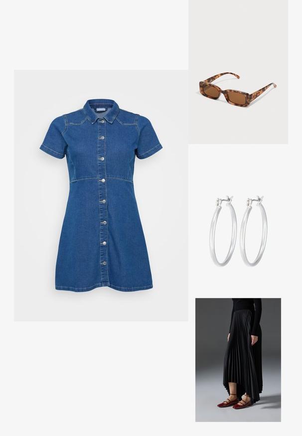 Džínové šaty modré barvy s krátkým rukávem, zapínáním na knoflíky vpředu a přizpůsobeným střihem. Mají kontrastní prošívání a límeček.; Černá plisovaná sukně s vysokým předním a nízkým zadním lemem, kombinovaná s lesklými červenými balerínami se strapkovým designem. Tkanina má hladký povrch.; Kočičí brýle se želvovinovým vzorem, obdélníkové hnědé čočky, silný rám a úzké nožičky s různými odstíny hnědé.; Stříbrné kruhové náušnice s hladkým, lesklým povrchem. Kulatý tvar a bezpečné zapínání na klip. Lehký design vhodný pro každodenní nošení.