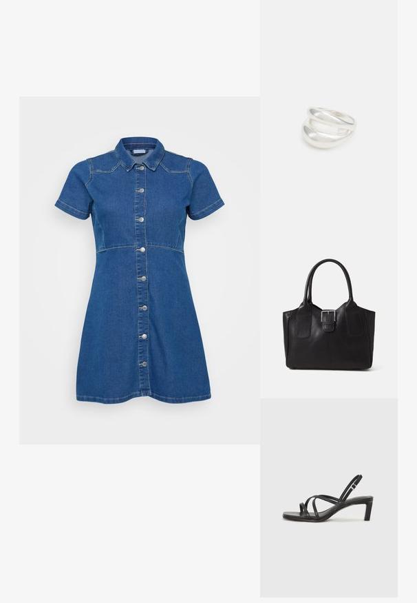 Zila džinsu kleita ar īsām piedurknēm, pogu fronti un piegulošu piegriezumu. Iezīmējas ar kontrastējošām šuvēm un apkakles izgriezumu.; Melnas strappy sandales ar kvadrātveida purngaliem un zemu bloku papēdi. Ievērojamas ar vairākiem plāniem siksniņām un regulējamu potītes siksniņu. Izgatavotas no gludas ādas.; Melnas ādas somiņa ar gludu tekstūru, strukturētu formu, divām rokturām un izteiktu sudraba sprādzi priekšpusē.; Sudraba divu joslu gredzens ar gludu, pulētu virsmu. Iezīmējas ar plūstošu, izliekta dizaina struktūru ar pārklājošām sekcijām modernam izskatam.; Sudraba divu joslu gredzens ar gludu, pulētu virsmu. Iezīmējas ar plūstošu, izliekta dizaina struktūru ar pārklājošām sekcijām modernam izskatam.